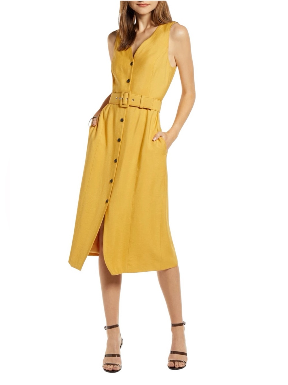 Something Navy - Sleeveless Button Front Midi Dress Mustard Yellow Sz M